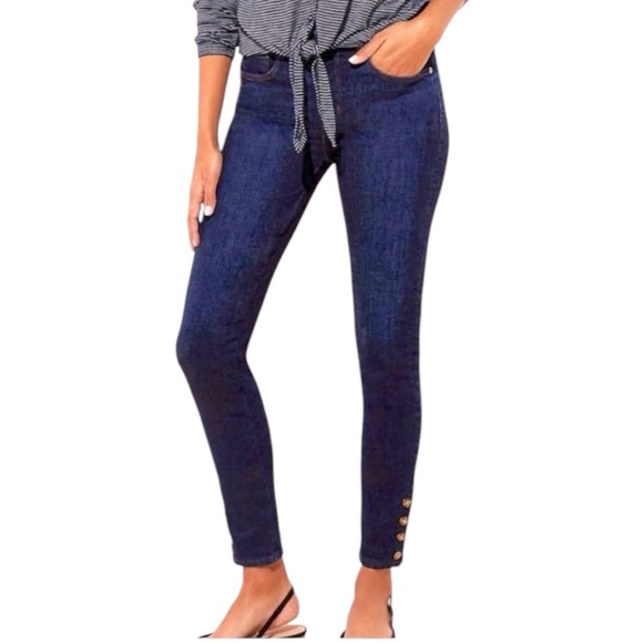 LOFT Size 29/8 Skinny High Rise Dark Wash Tortoise Ankle Snap Jeans Like New - Picture 1 of 12